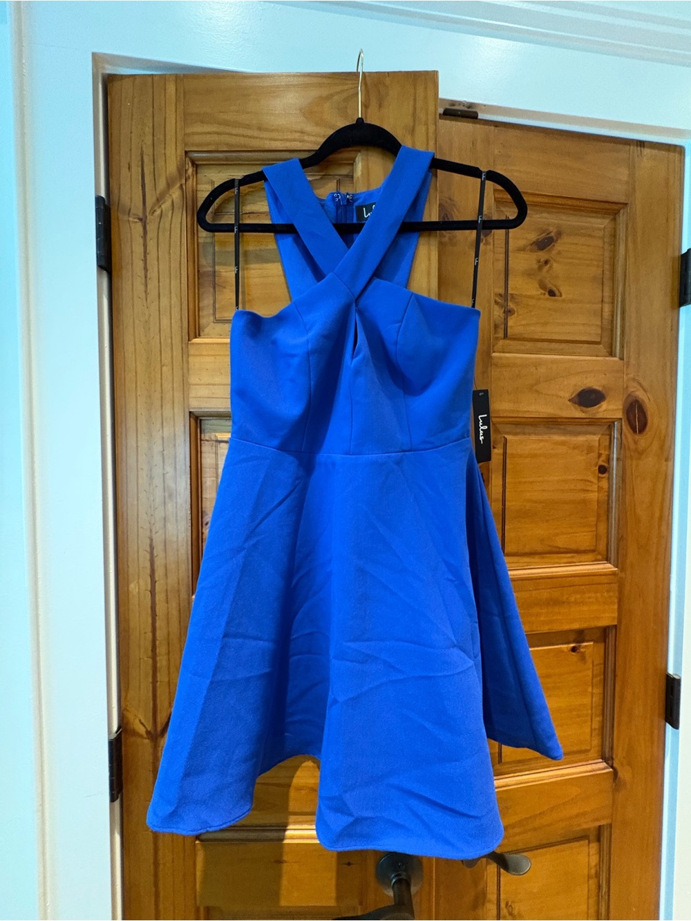 Lulu's Cobalt Blue Crisscross Neck Fit & Flare Mini Dress